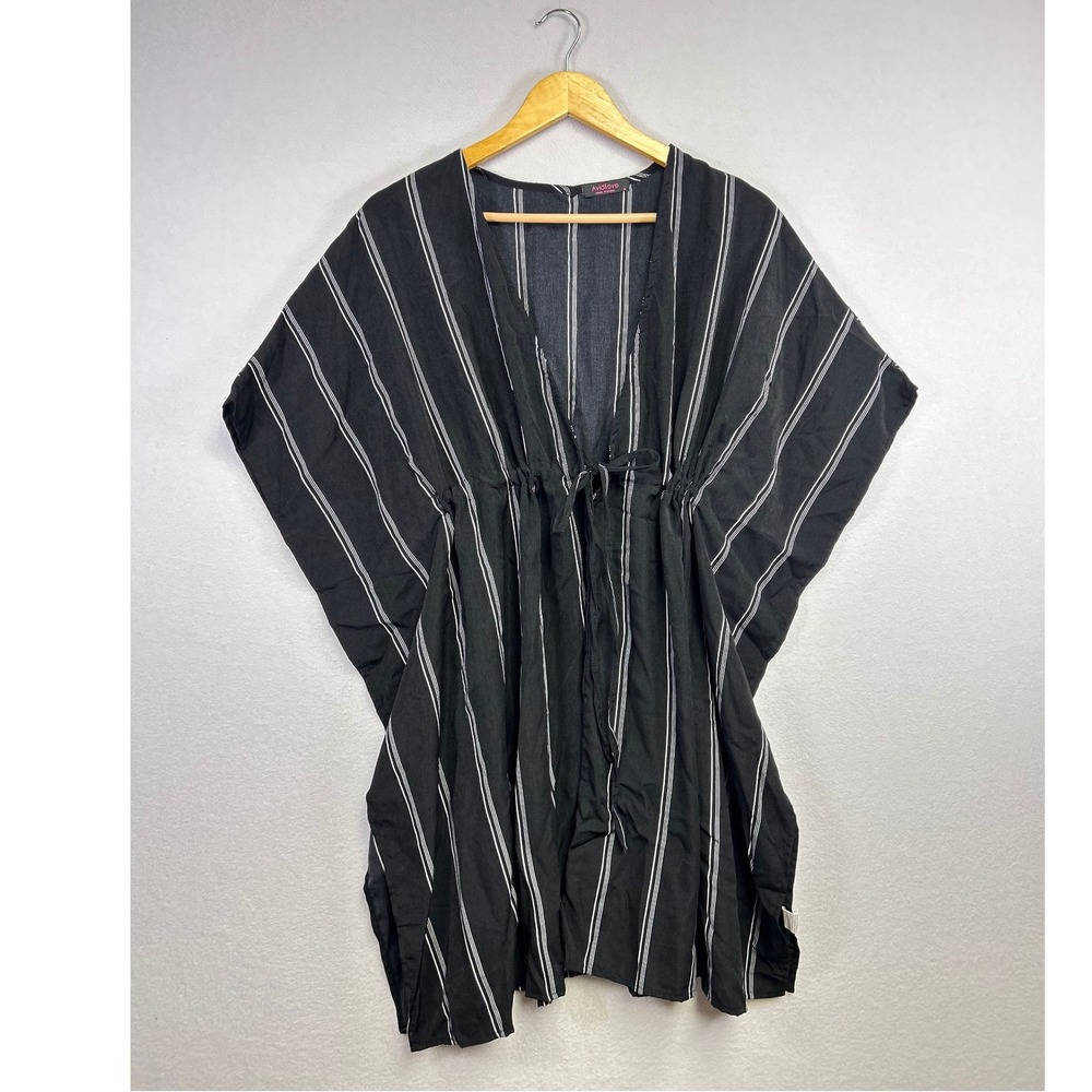 Avidlove Black White Stripe Kaftan‎ Cover Up Kimono Style Drawstring Waist